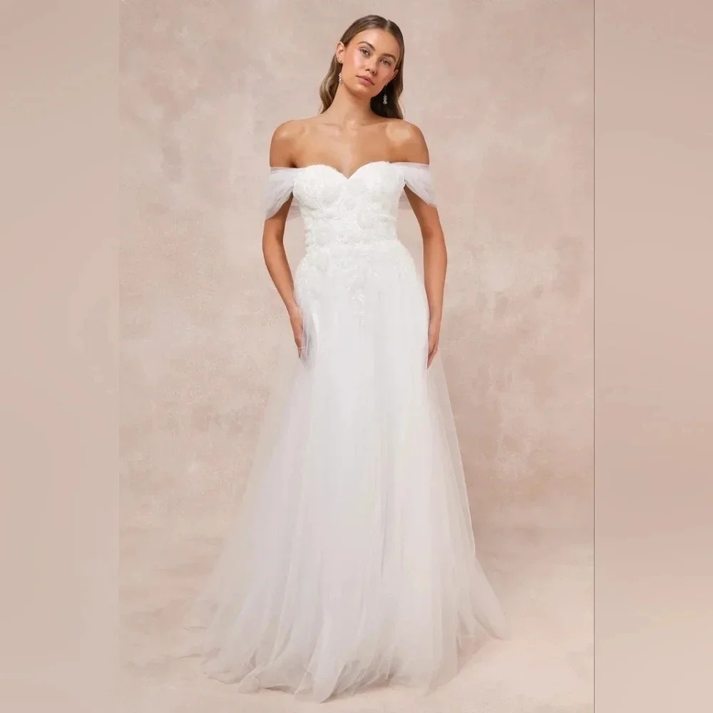 Lulus Blissfully Romantic White Tulle Off-the-Shoulder Maxi Dress Bridal Wedding - Picture 2 of 11